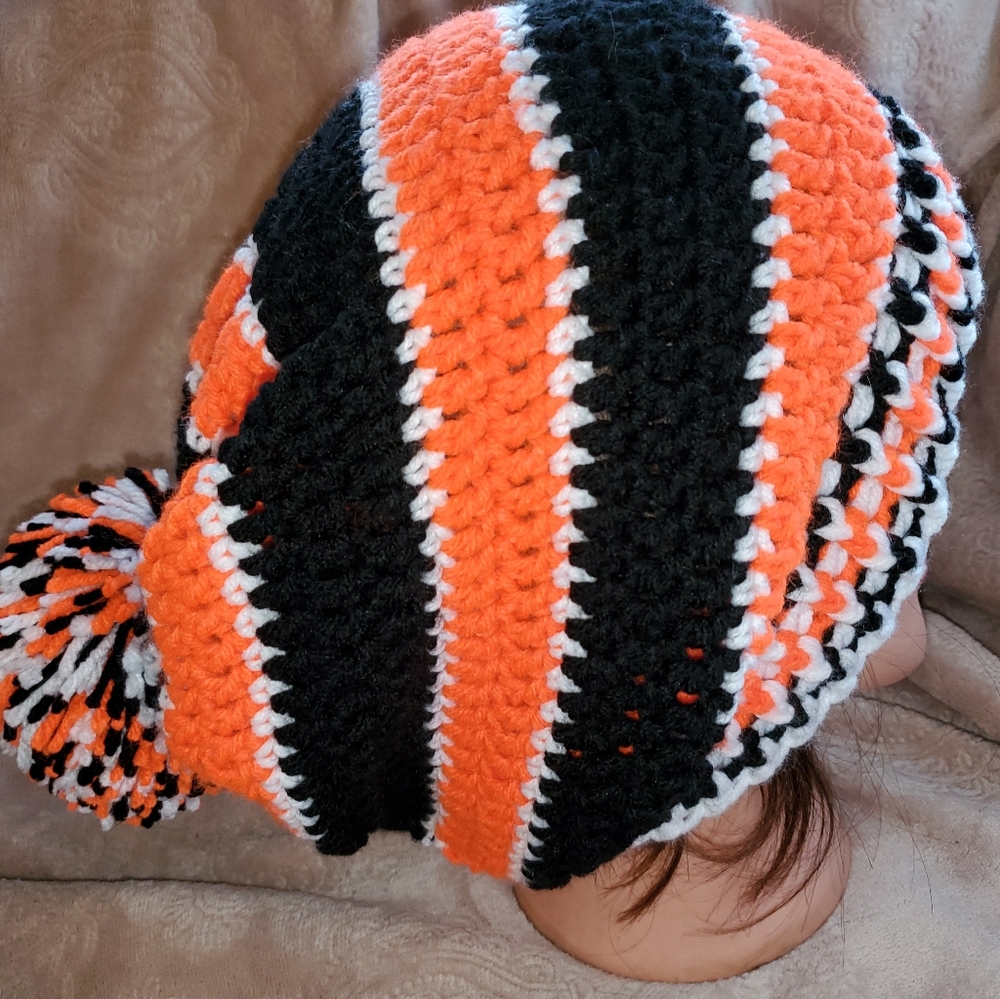 Crocheted sports slouchy beanie hat